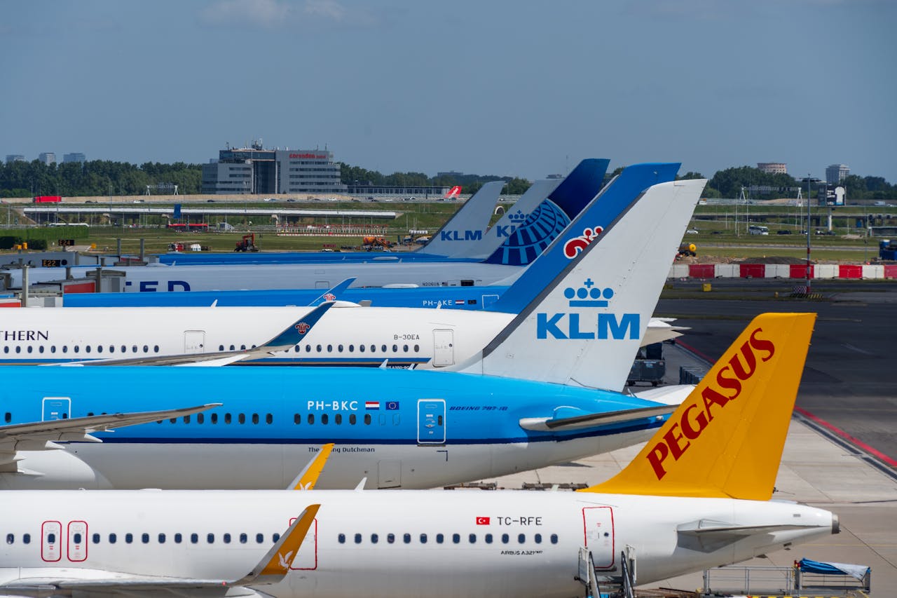 Multiple airplanes parked at a busy international airport terminal during the day.